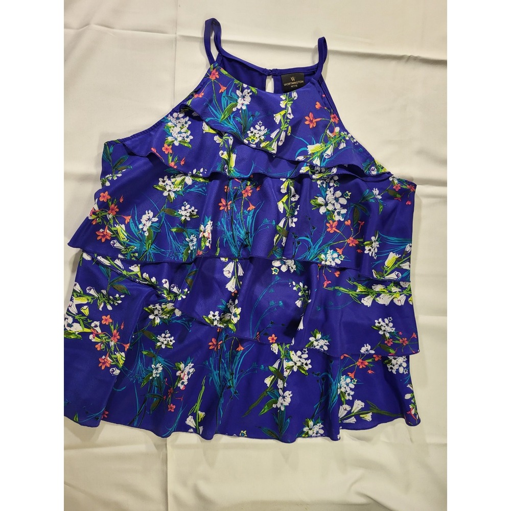 Worthington Petite PL Blue Floral Ruffle Tiered Tank Top Sleeveless Blouse